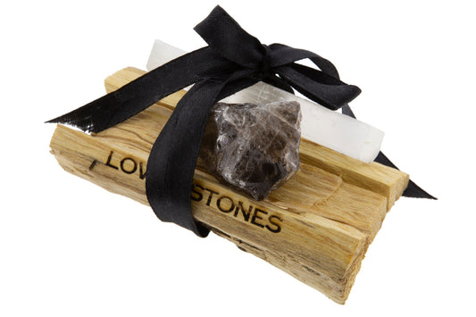 BALANCE ENERGY CRYSTAL BUNDLE - A RAW SMOKED CRYSTAL QUARTZ, SELENITE & PALO SANTO