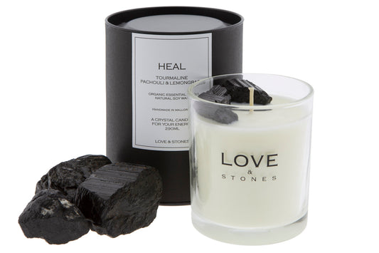 HEAL  - BLACK TOURMALINE CRYSTAL INFUSED  SCENTED GLASS CANDLE