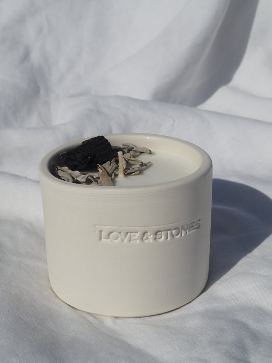 LET GO - SAGE AND BLACK TOURMALINE CRYSTAL INFUSED SCENTED TINY WHITE CANDLE