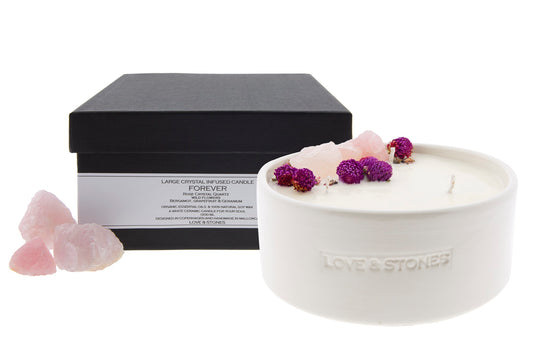 FOREVER- A RAW ROSE QUARTZ CRYSTAL INFUSED SCENTED LARGE CANDLE