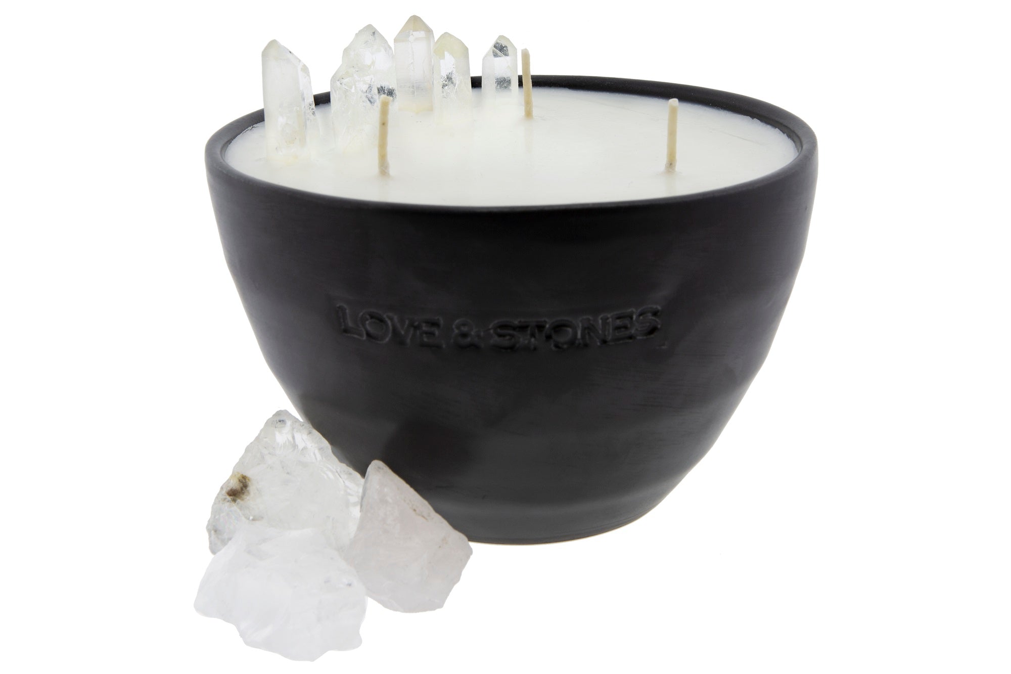 ENERGY - RAW CRYSTAL QUARTZ POINTER CRYSTALS INFUSED MEDIUM BLACK CANDLE