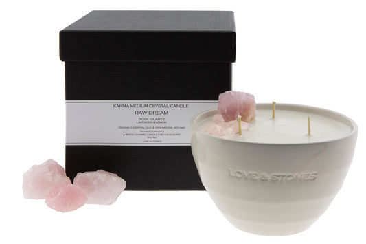 RAW DREAM - RAW ROSE QUARTZ CRYSTAL INFUSED SCENTED MEDIUM CANDLE