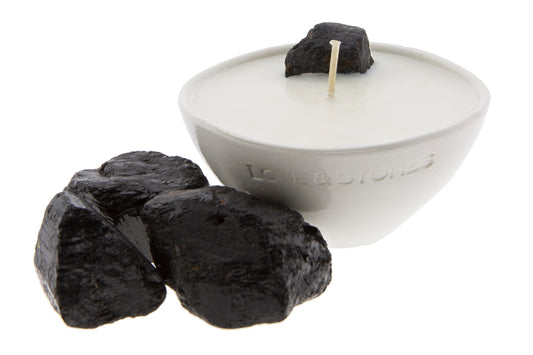 HEAL -  BLACK TOURMALINE WITH LEMONGRASS & PATCHOULI MINI WHITE CANDLE