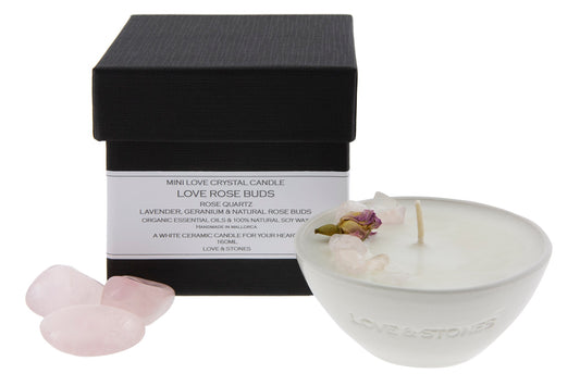 LOVE - A ROSE AND ROSE QUARTZ CRYSTAL INFUSED SCENTED MINI CANDLE