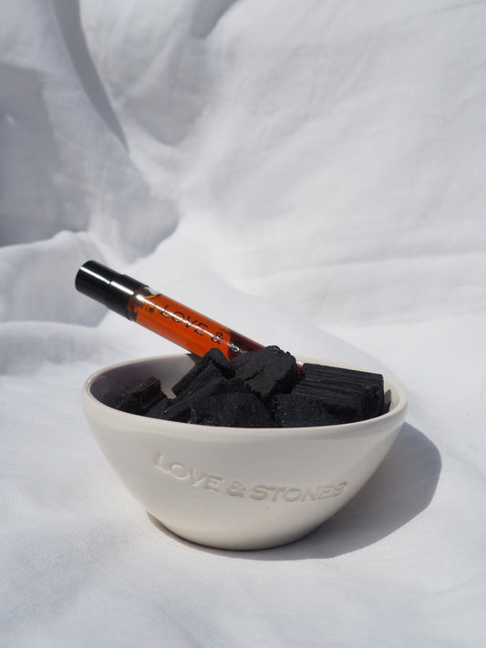 HEAL - RAW BLACK TOURMALINE  CRYSTAL SCENTED DIFFUSER IN OUR WHITE HANDMADE MINI BOWL