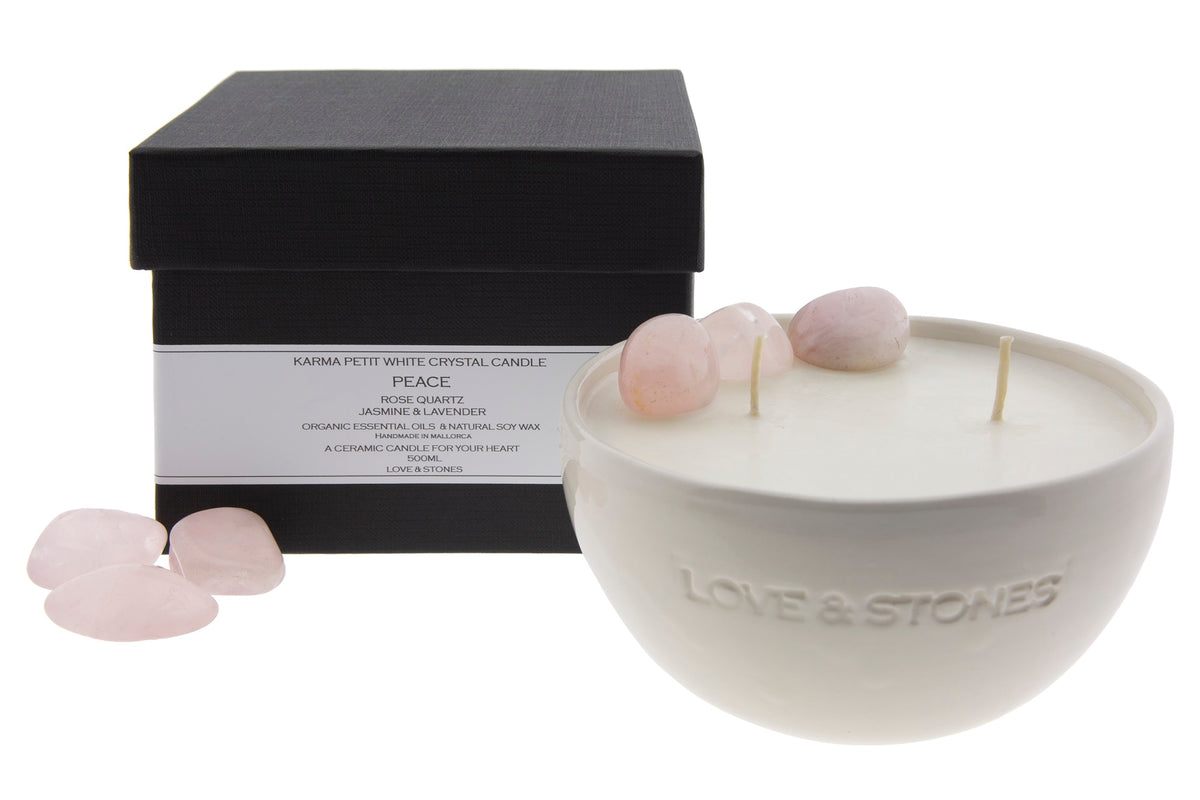 PEACE - ROSE QUARTZ CRYSTAL INFUSED SCENTED PETIT WHITE CERAMIC CANDLE–  Love and Stones