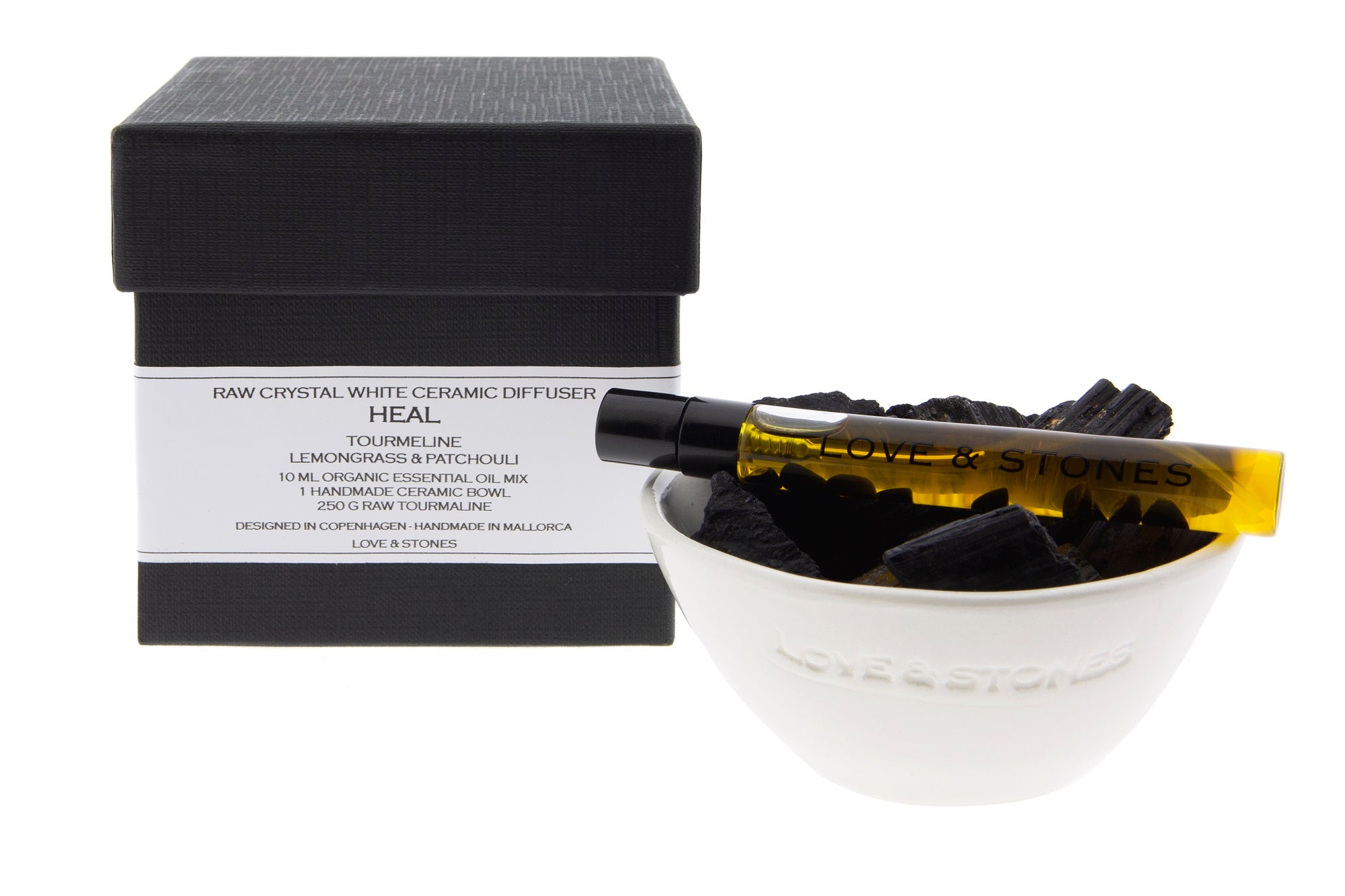 HEAL - RAW BLACK TOURMALINE  CRYSTAL SCENTED DIFFUSER IN OUR WHITE HANDMADE MINI BOWL