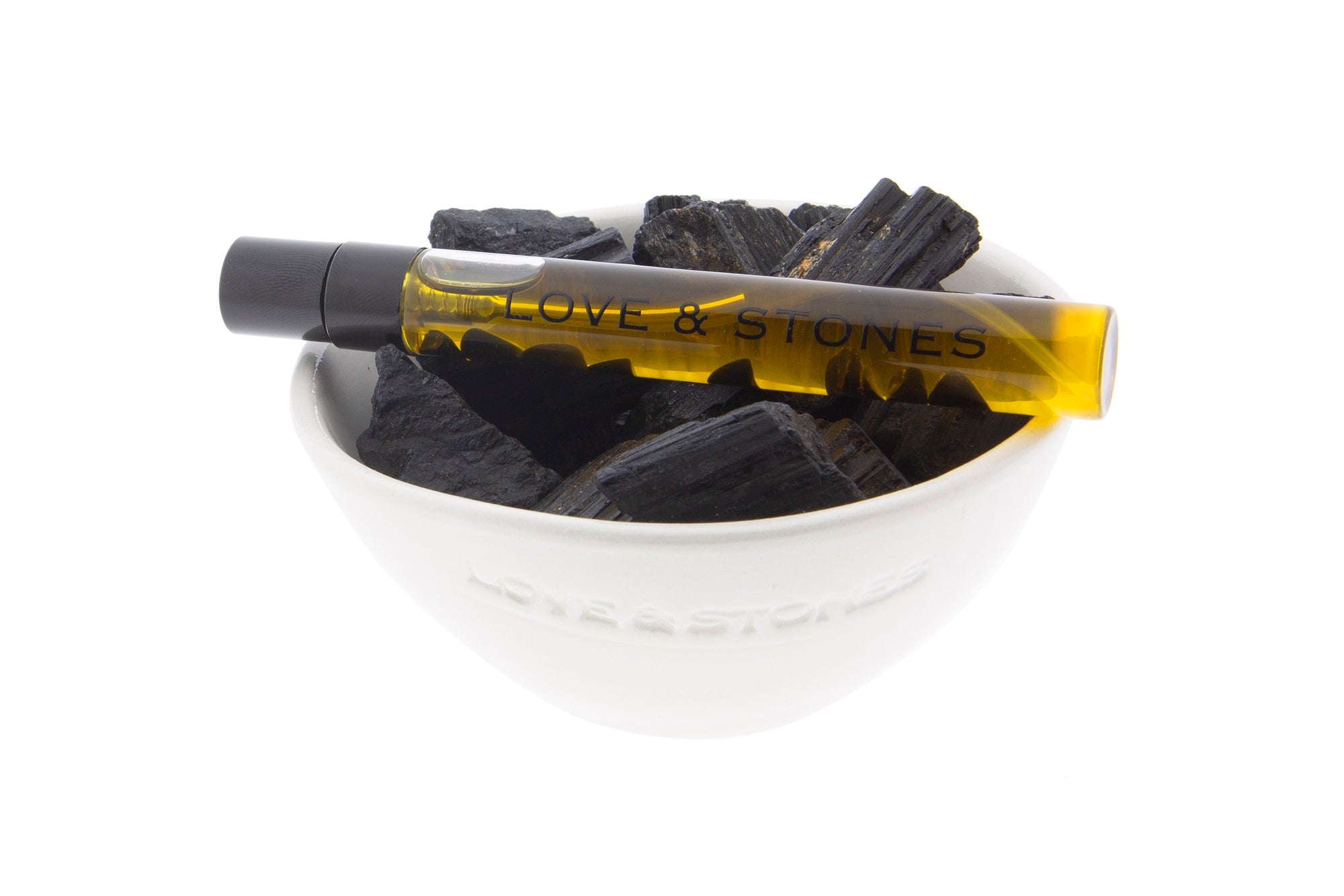 HEAL - RAW BLACK TOURMALINE  CRYSTAL SCENTED DIFFUSER IN OUR WHITE HANDMADE MINI BOWL