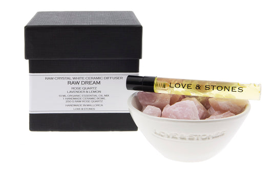 RAW DREAM - RAW ROSE QUARTZ CRYSTAL DIFFUSER AND CRYSTAL INFUSED PEACE MIST IN WHITE MINI CERAMIC BOWL