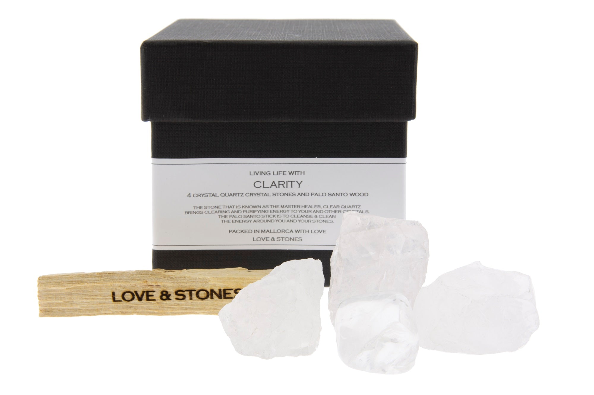 CLARITY - A BOX OF CRYSTAL QUARTZ CRYSTALS AND PALO SANTO WOOD STICK