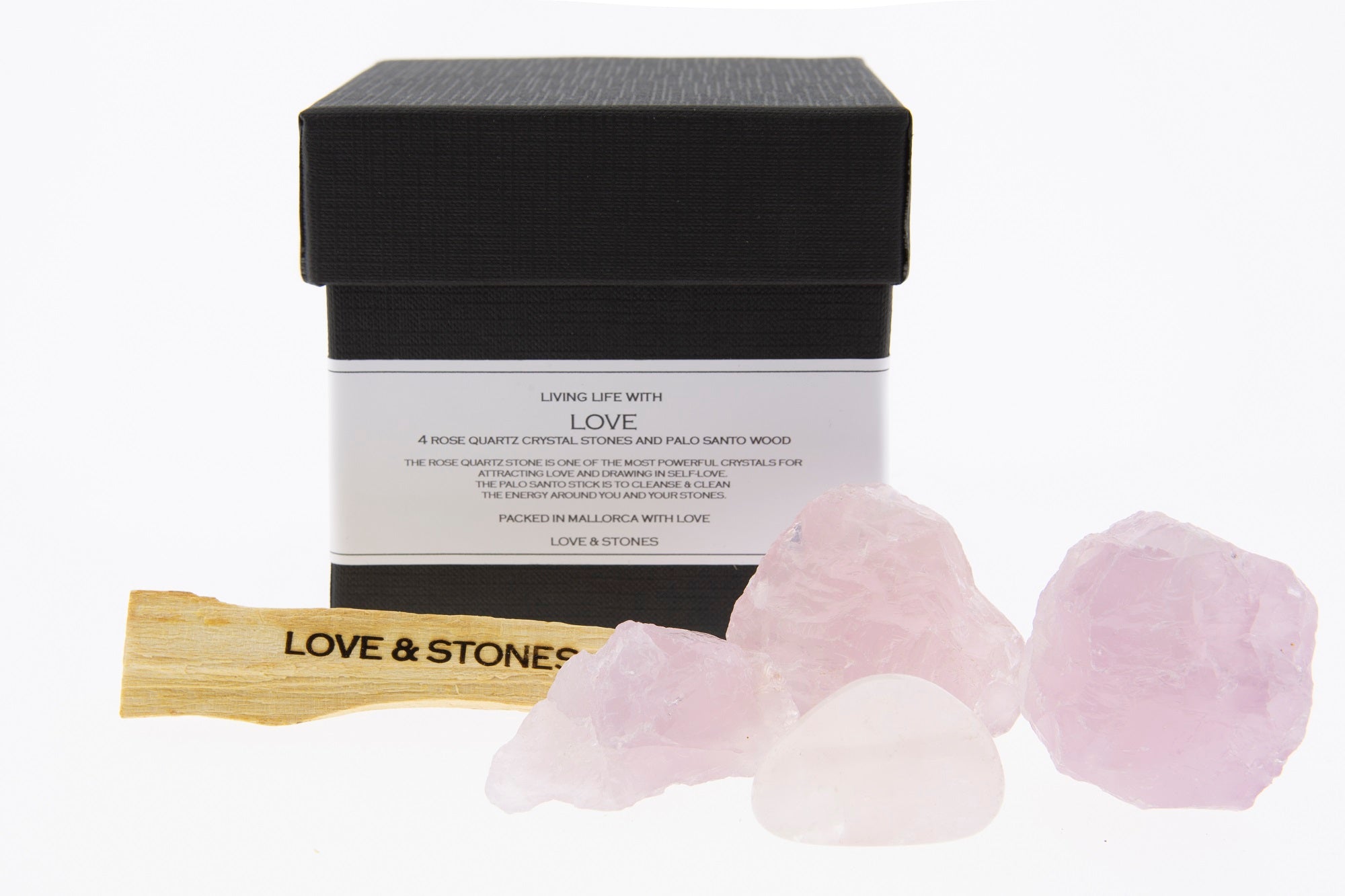 LOVE - A BOX OF ROSE QUARTZ CRYSTALS AND PALO SANTO WOOD STICK