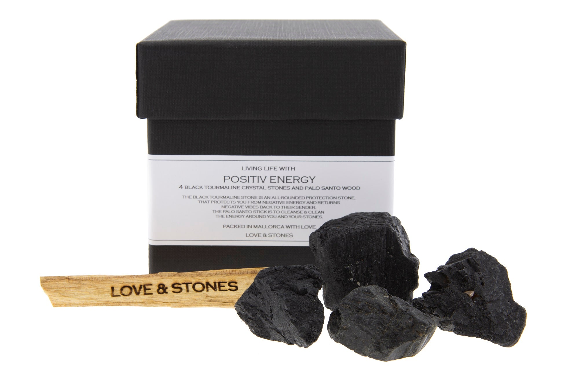 POSITIVE ENERGY - A BOX OF BLACK TOURMALINE CRYSTALS AND PALO SANTO