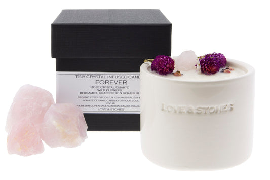 FOREVER - A RAW ROSE QUARTZ CRYSTAL INFUSED SCENTED TINY CANDLE