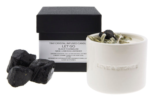 LET GO - SAGE AND BLACK TOURMALINE CRYSTAL INFUSED SCENTED TINY WHITE CANDLE