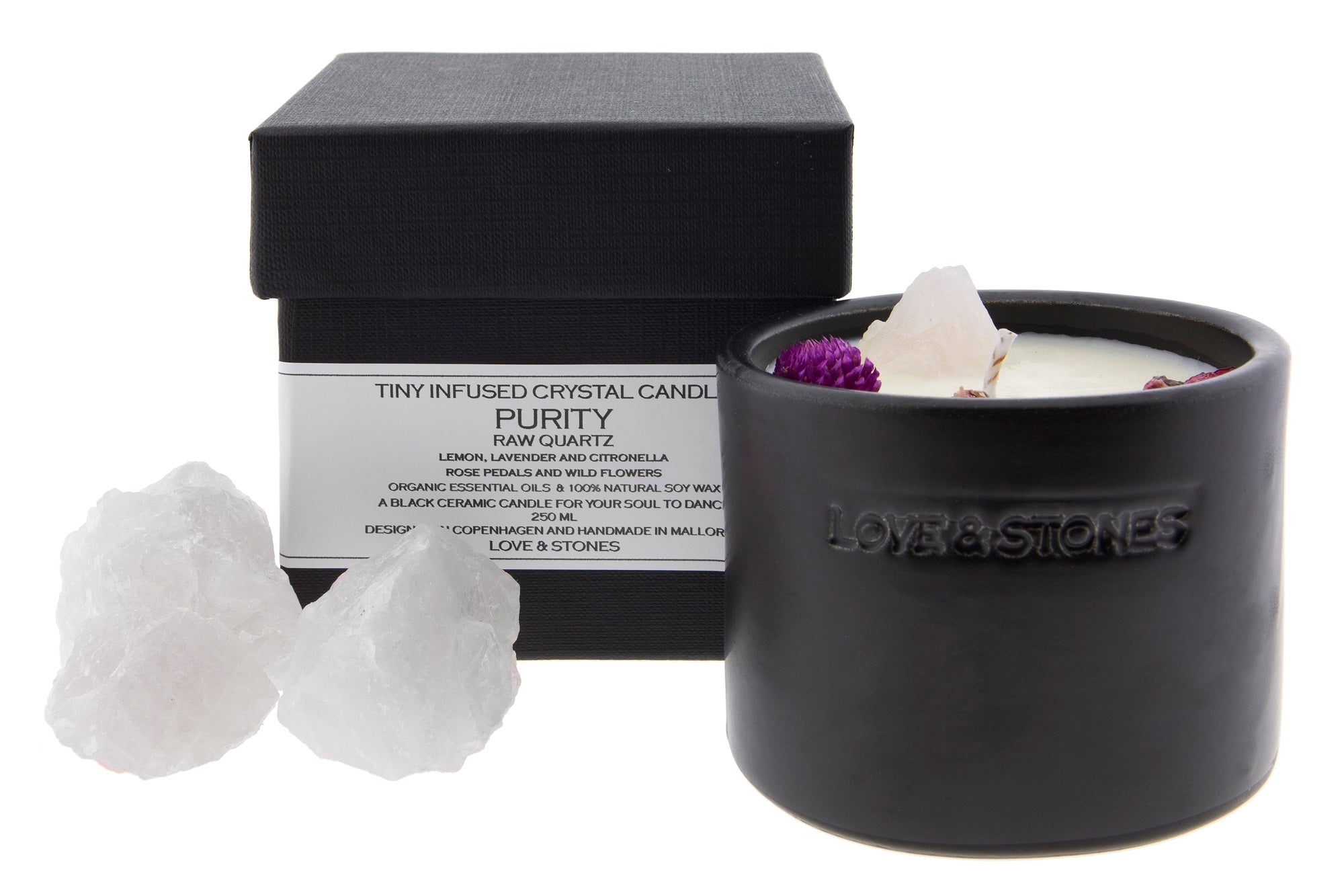 PURITY - DRIED WILD FLOWERS AND ROSE QUARTZ CRYSTAL INFUSED SCENTED TINY CANDLE