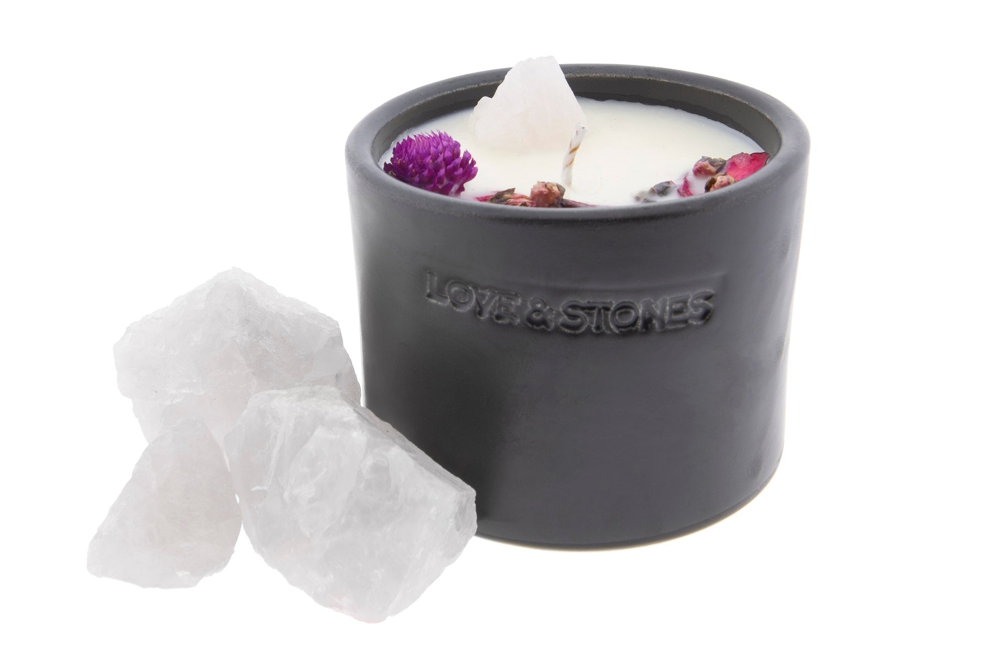 PURITY - DRIED WILD FLOWERS AND ROSE QUARTZ CRYSTAL INFUSED SCENTED TINY CANDLE